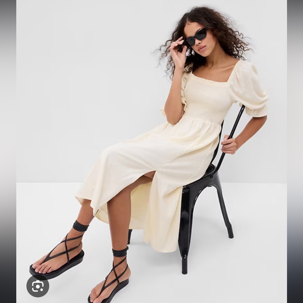 NWT Gap Linen Blend Puff Sleeve Cottagecore Midi Dress